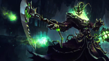 HD desktop wallpaper of Thresh from the video game League of Legends, showcasing a dark, eerie scene with Thresh holding a glowing weapon.