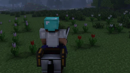 A Minecraft character wearing a diamond helmet rides a horse through a grassy field with flowers in foggy weather. HD desktop wallpaper and background.