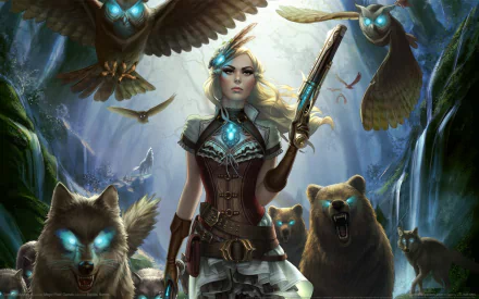 HD PC desktop wallpaper from the video game Outcast Odyssey, featuring a female warrior with glowing eyes surrounded by wolves, owls, and a bear in a mystical forest setting.