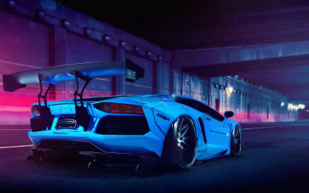 HD desktop wallpaper featuring a blue Lamborghini Aventador parked under a dimly lit bridge, showcasing its sleek design and powerful form.