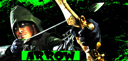 A dynamic HD wallpaper featuring Stephen Amell as Green Arrow, showcasing his iconic bow and arrow against a vibrant green background, capturing the essence of the TV show Arrow.