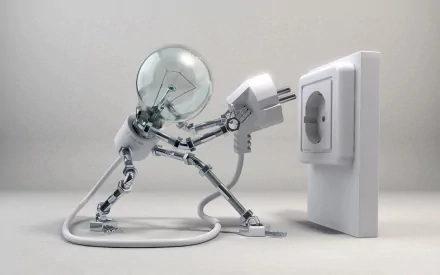A humorous HD desktop wallpaper featuring a light bulb with robotic limbs plugging itself into an electrical socket, blending technology and fun.