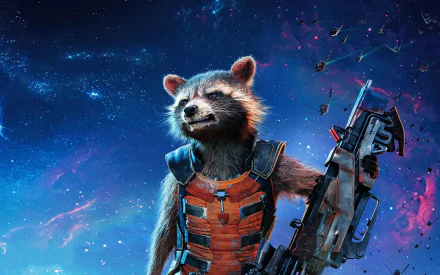HD desktop wallpaper featuring Rocket Raccoon from Guardians of the Galaxy, poised with a weapon against a cosmic backdrop.