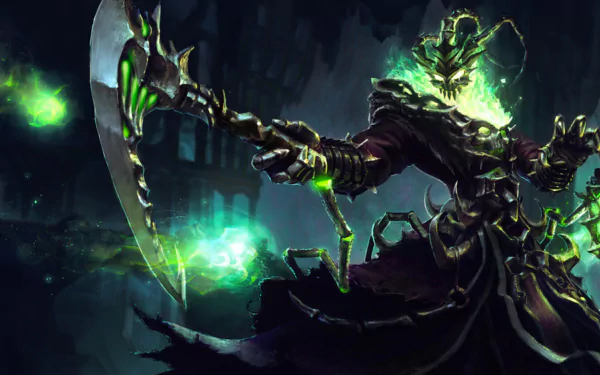 HD desktop wallpaper of Thresh from the video game League of Legends, showcasing a dark, eerie scene with Thresh holding a glowing weapon.