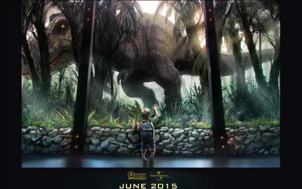 HD desktop wallpaper and background featuring a scene from Jurassic World, depicting a person facing a giant dinosaur in a lush, prehistoric landscape with the movie's release date, June 2015, at the bottom.