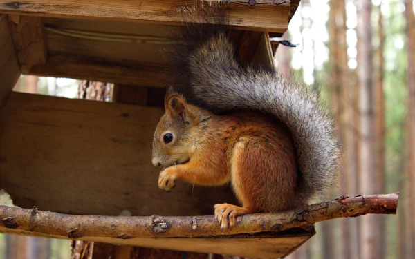 A sharp 4K Ultra HD image of a squirrel perched on a branch near a wooden structure, set against a blurred forest background.