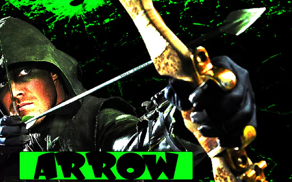 A dynamic HD wallpaper featuring Stephen Amell as Green Arrow, showcasing his iconic bow and arrow against a vibrant green background, capturing the essence of the TV show Arrow.