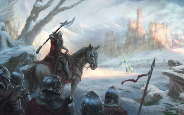 8K Ultra HD fantasy battle scene showing armored warriors and a mounted knight facing an icy battlefield with a distant castle in a misty, dramatic landscape.