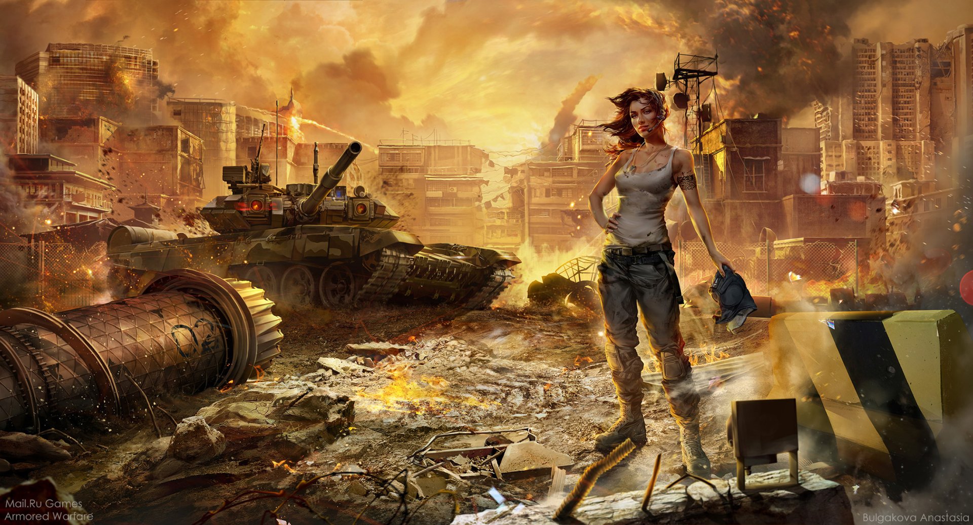 HD PC desktop wallpaper from the video game Armored Warfare, featuring a female soldier standing in a war-torn urban battlefield with tanks and a fiery sky.