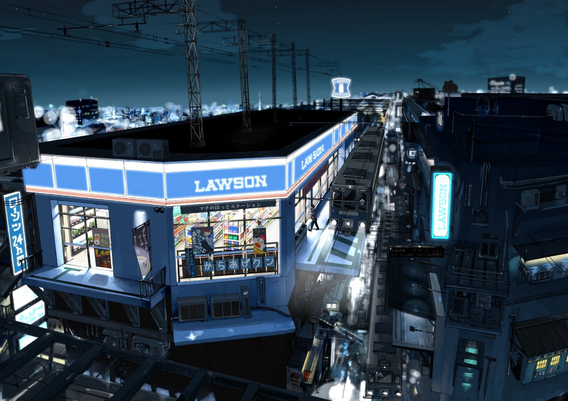 A vibrant anime cityscape at night, showcasing a Lawson convenience store amidst illuminated streets and buildings, designed as a high-definition PC desktop wallpaper.