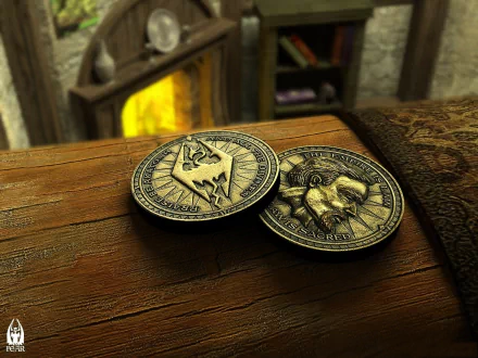 HD desktop wallpaper featuring intricately designed coins from The Elder Scrolls IV: Oblivion, set on a wooden table with a warm, glowing background.