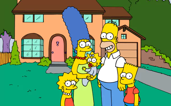 HD desktop wallpaper featuring The Simpsons family—Homer, Marge, Bart, Lisa, and Maggie—standing in front of their iconic house from the TV show.