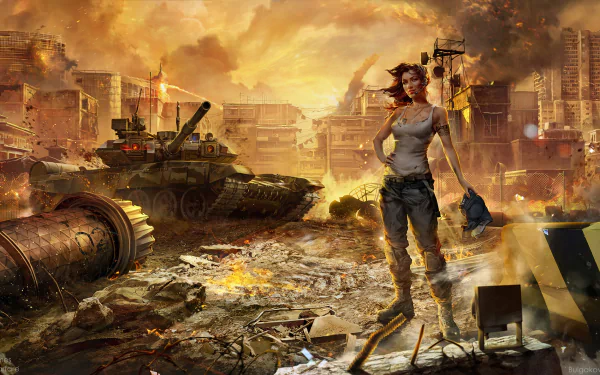 HD PC desktop wallpaper from the video game Armored Warfare, featuring a female soldier standing in a war-torn urban battlefield with tanks and a fiery sky.