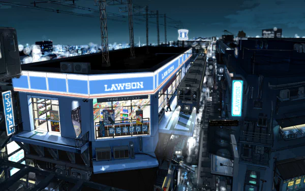A vibrant anime cityscape at night, showcasing a Lawson convenience store amidst illuminated streets and buildings, designed as a high-definition PC desktop wallpaper.