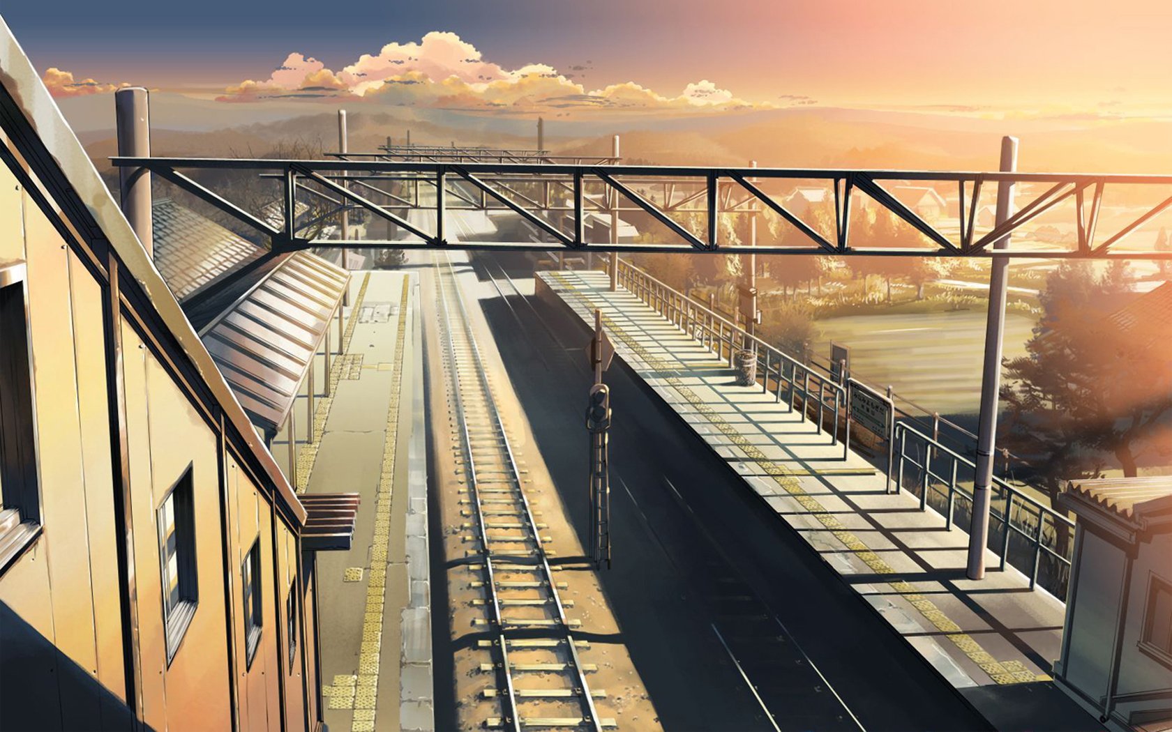 Anime HD PC desktop wallpaper featuring a serene train station scene from The Place Promised In Our Early Days at sunset with warm lighting and detailed shadows.