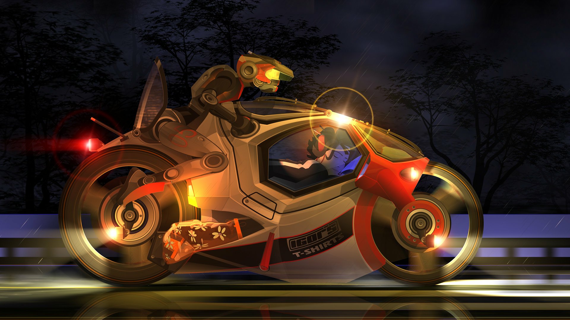 Sci-fi HD PC desktop wallpaper showcasing a futuristic robot riding a sleek, glowing motorcycle against a dark, forested night background.