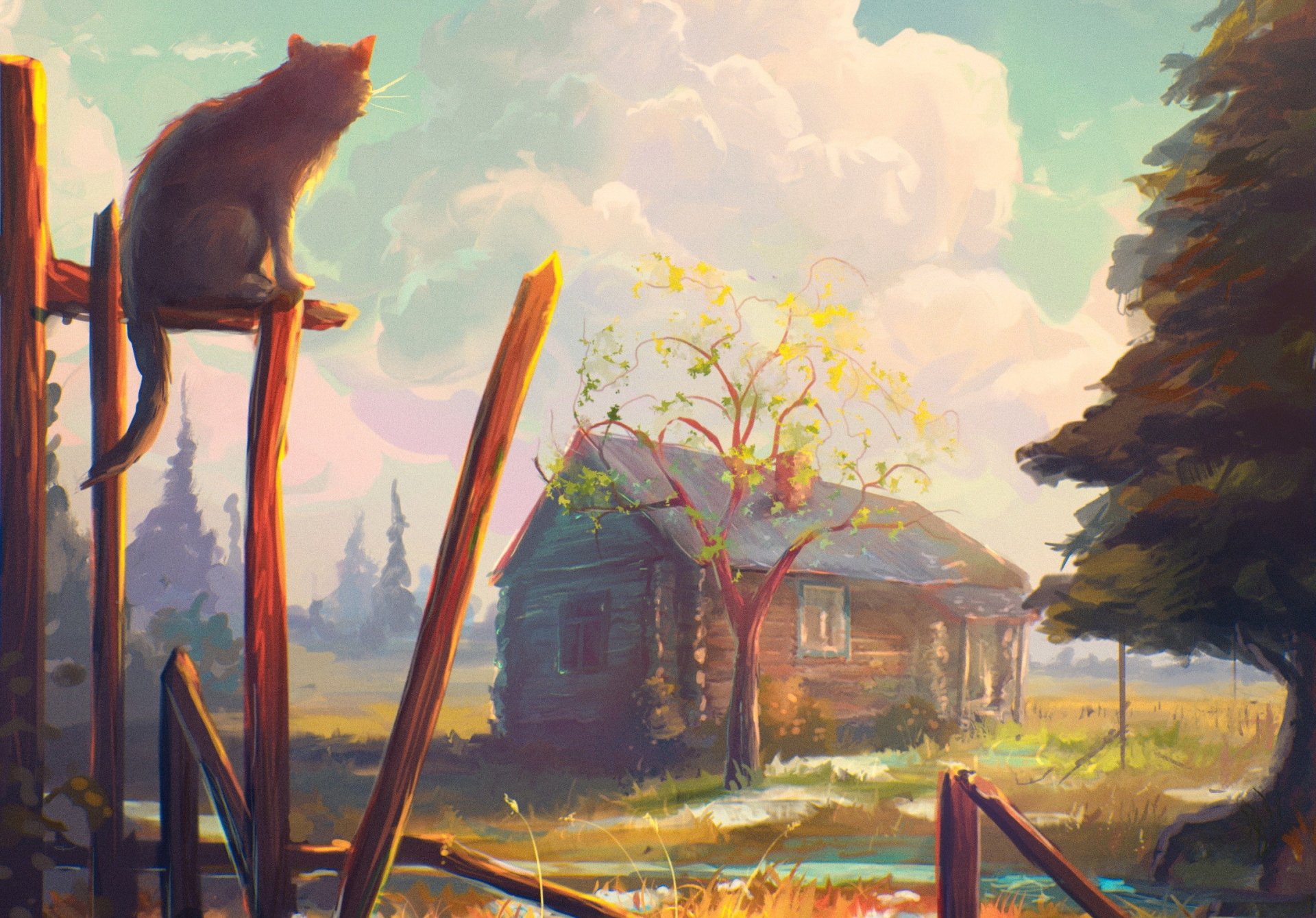 A serene artistic painting featuring a cat perched on a wooden post and an old house surrounded by nature, providing a tranquil scene for HD desktop wallpaper and background.