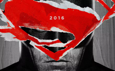 HD desktop wallpaper for Batman V Superman: Dawn of Justice, featuring a stylized image of Batman with a red Superman logo across his face, marked with the year 2016.