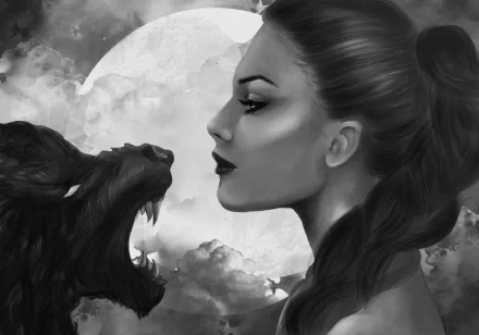 Fantasy HD PC desktop wallpaper: profile of a woman facing a snarling wolf beneath a full moon, monochrome and atmospheric.