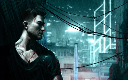 HD desktop wallpaper featuring a scene from the video game Sleeping Dogs. A tattooed character stands in the rain with a neon-lit cityscape in the background.