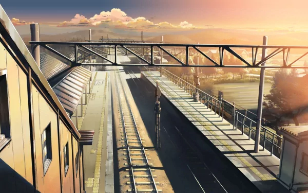 Anime HD PC desktop wallpaper featuring a serene train station scene from The Place Promised In Our Early Days at sunset with warm lighting and detailed shadows.