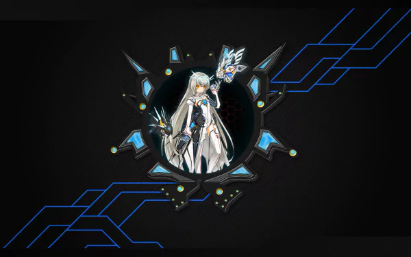 HD PC desktop wallpaper featuring Eve from the video game Elsword, surrounded by futuristic blue and black digital elements on a dark background.