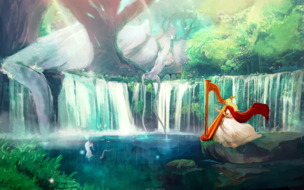 A fantasy-themed HD desktop wallpaper depicting a woman playing a harp by a tranquil waterfall with a giant mystical creature resting nearby.