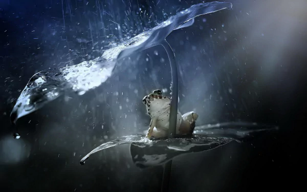 A striking HD wallpaper featuring a tree frog perched on a leaf, surrounded by falling droplets, creating a serene and atmospheric backdrop.