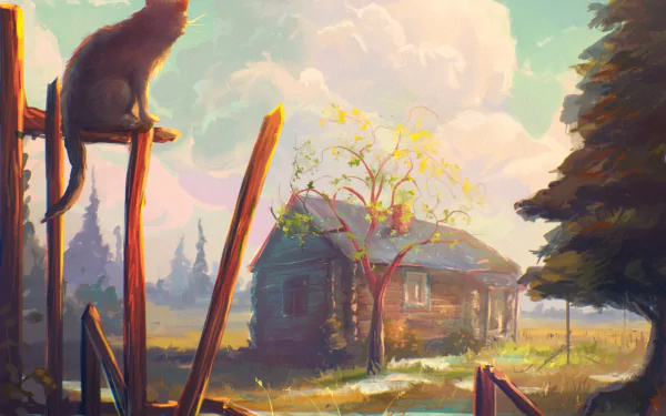 A serene artistic painting featuring a cat perched on a wooden post and an old house surrounded by nature, providing a tranquil scene for HD desktop wallpaper and background.