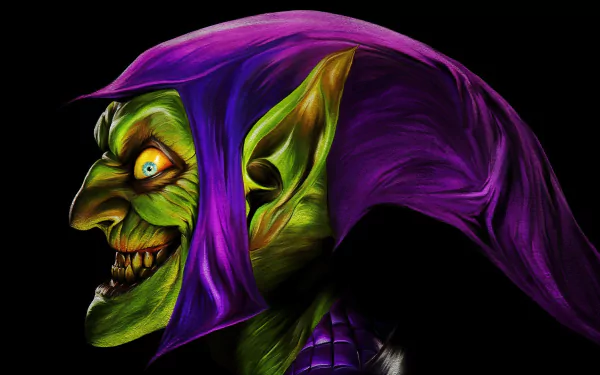 HD PC desktop wallpaper featuring a detailed comic-style Green Goblin with a menacing grin and purple hat against a black background.
