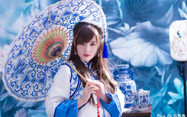 umbrella traditional costume Taiwanese asian model woman Yu Chen Zheng HD Desktop Wallpaper | Background Image
