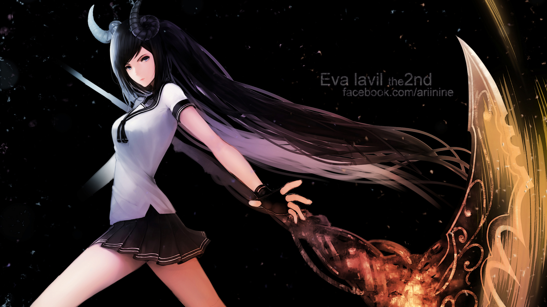Anime character with long black hair and horns, wearing a school uniform, wields a weapon. This HD wallpaper features original artwork filled with dynamic colors and detail.