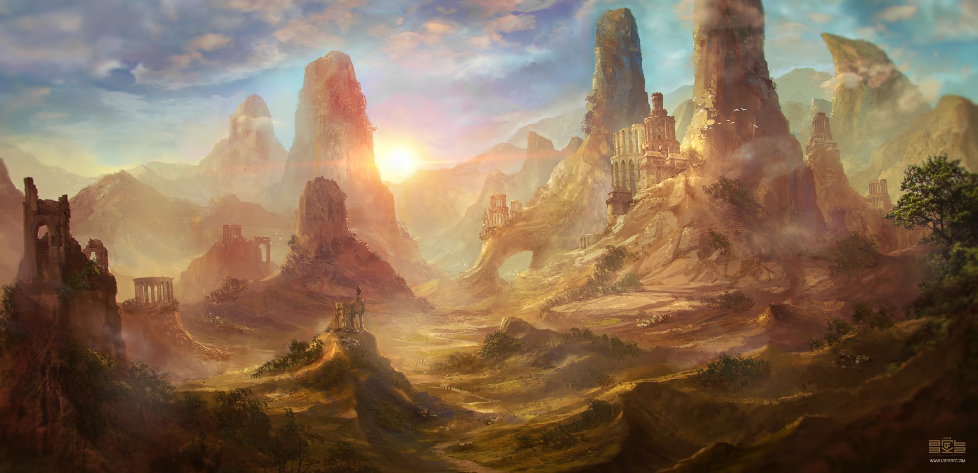 A stunning fantasy landscape features towering rocky formations bathed in warm sunlight, creating a captivating HD desktop wallpaper and background.