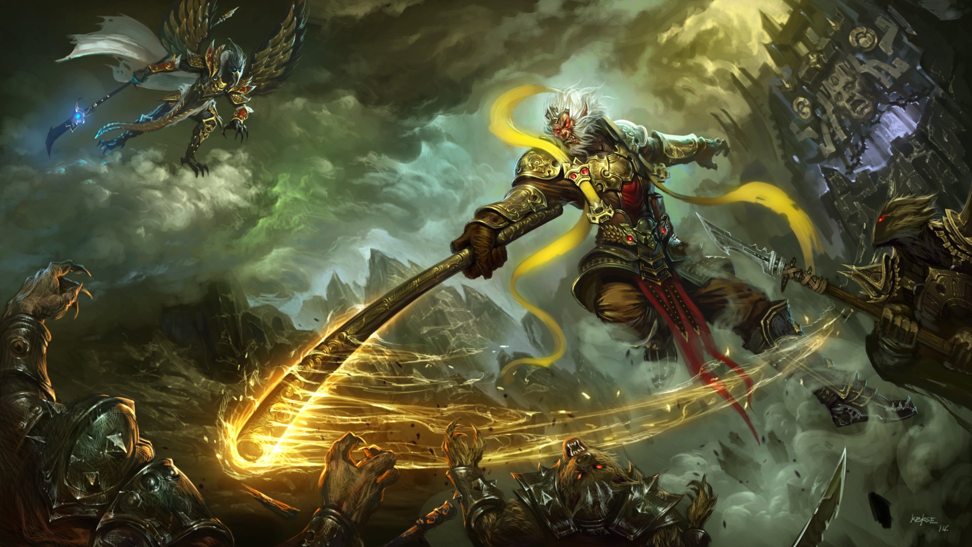 A dynamic 4K Ultra HD fantasy battle scene featuring a warrior wielding a glowing sword, fighting off multiple dark creatures under a stormy sky.