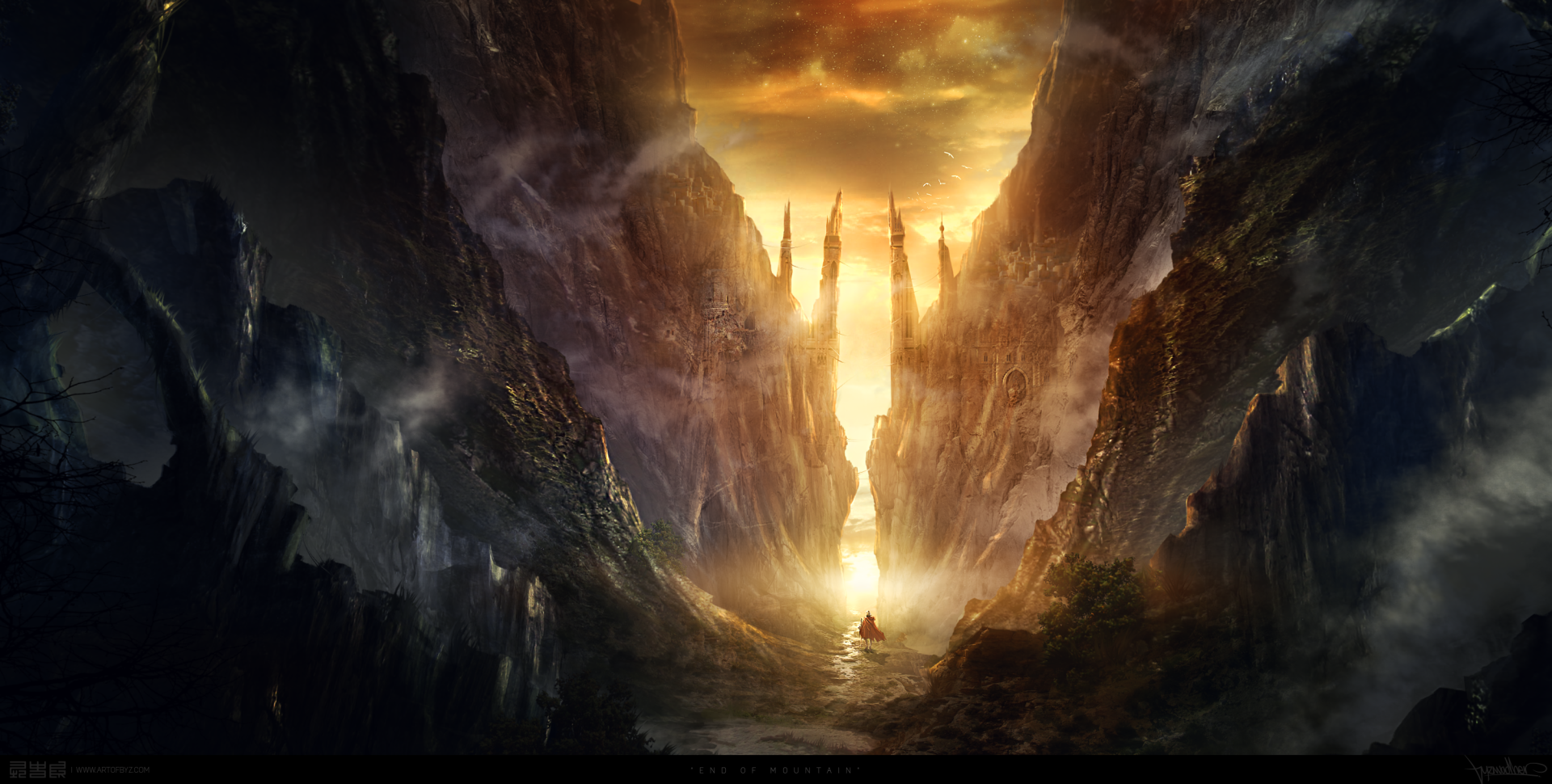 HD desktop wallpaper of a fantasy landscape featuring towering cliffs, a glowing sunset, and a small boat navigating a river towards a distant light.