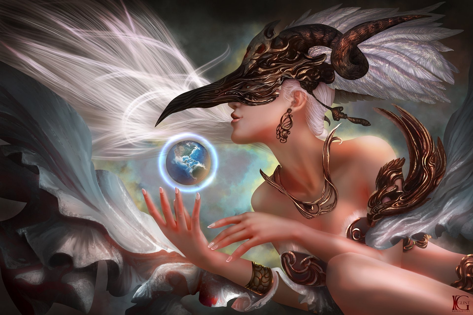 A stunning fantasy-themed HD desktop wallpaper featuring a woman adorned in an elaborate mask and elegant attire, gracefully holding a glowing orb against a mystical backdrop.