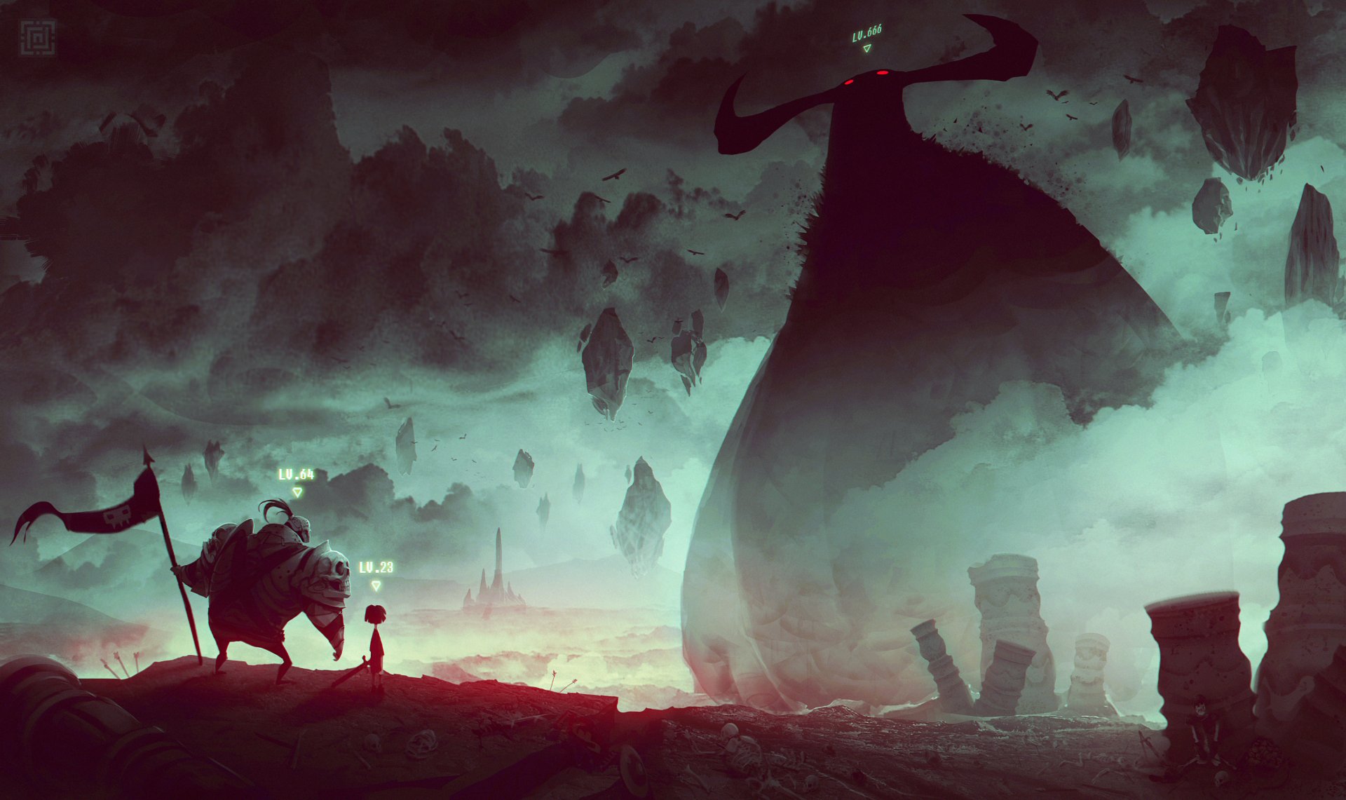 A dark fantasy warrior faces a colossal shadowy figure in a misty, eerie landscape with floating rocks, captured in HD for a striking PC desktop wallpaper.