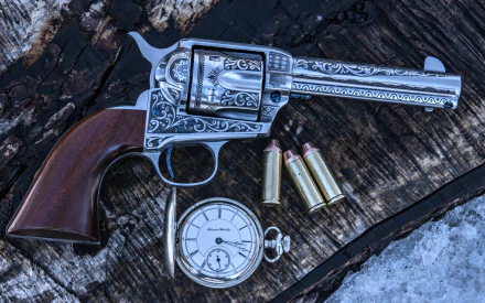 HD desktop wallpaper featuring a detailed silver revolver, three bullet casings, and an antique pocket watch, all laid out on a rustic wooden surface. Tags include pocket watch, military, army, pistol, man made, revolver.