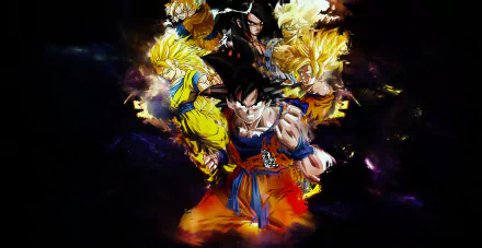 HD desktop wallpaper featuring Goku in various Super Saiyan forms from Dragon Ball Z set against a dynamic background.