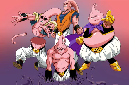HD desktop wallpaper featuring various forms of Majin Buu from the anime Dragon Ball Z, showcasing the character's transformations against a gradient background.