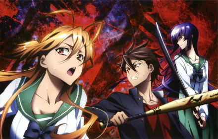 HD wallpaper featuring Saeko Busujima, Takashi Komuro, and Rei Miyamoto in school uniforms from the anime Highschool Of The Dead, set against a dramatic, colorful background.