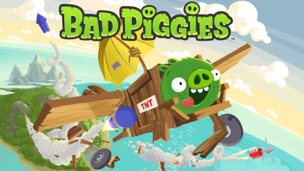 HD PC desktop wallpaper featuring the green pig from the video game Bad Piggies flying a wooden contraption with a TNT sign over a colorful sky and ocean backdrop.