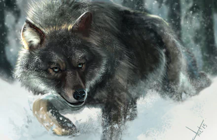 HD PC desktop wallpaper of a black wolf prowling through a snowy forest, captured with detailed fur and intense eyes in a natural winter setting.