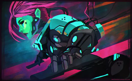 A vibrant sci-fi themed HD desktop wallpaper featuring a futuristic woman with striking green skin and robotic enhancements, immersed in dynamic, colorful energy.