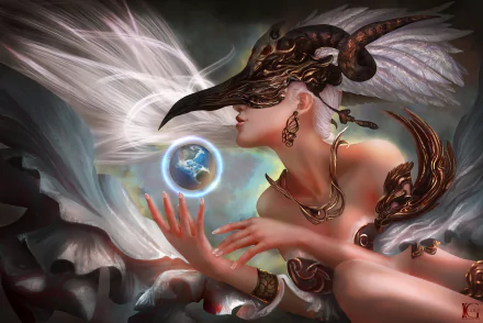 A stunning fantasy-themed HD desktop wallpaper featuring a woman adorned in an elaborate mask and elegant attire, gracefully holding a glowing orb against a mystical backdrop.