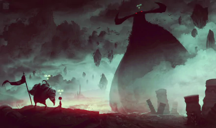 A dark fantasy warrior faces a colossal shadowy figure in a misty, eerie landscape with floating rocks, captured in HD for a striking PC desktop wallpaper.