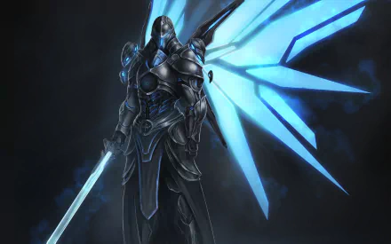 A striking fantasy warrior stands boldly, adorned in dark armor and illuminated by vibrant blue wings, wielding a glowing sword against a dark backdrop. An evocative HD desktop wallpaper.