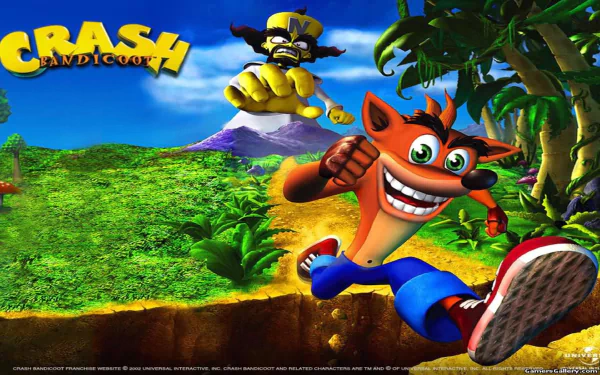 HD PC desktop wallpaper featuring Crash Bandicoot from the video game Crash Bandicoot XS in a vibrant jungle setting with a volcano in the background.