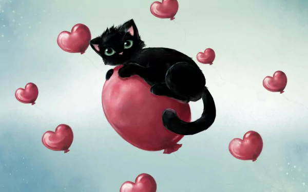 A cute black cat sits on a red heart-shaped balloon, surrounded by smaller heart balloons, creating a charming and whimsical desktop wallpaper.