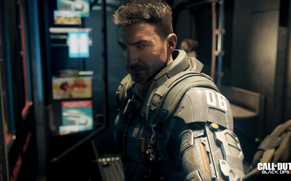 HD desktop wallpaper featuring a character in futuristic military gear from the video game Call of Duty: Black Ops III. The character is in a dimly lit, high-tech environment.